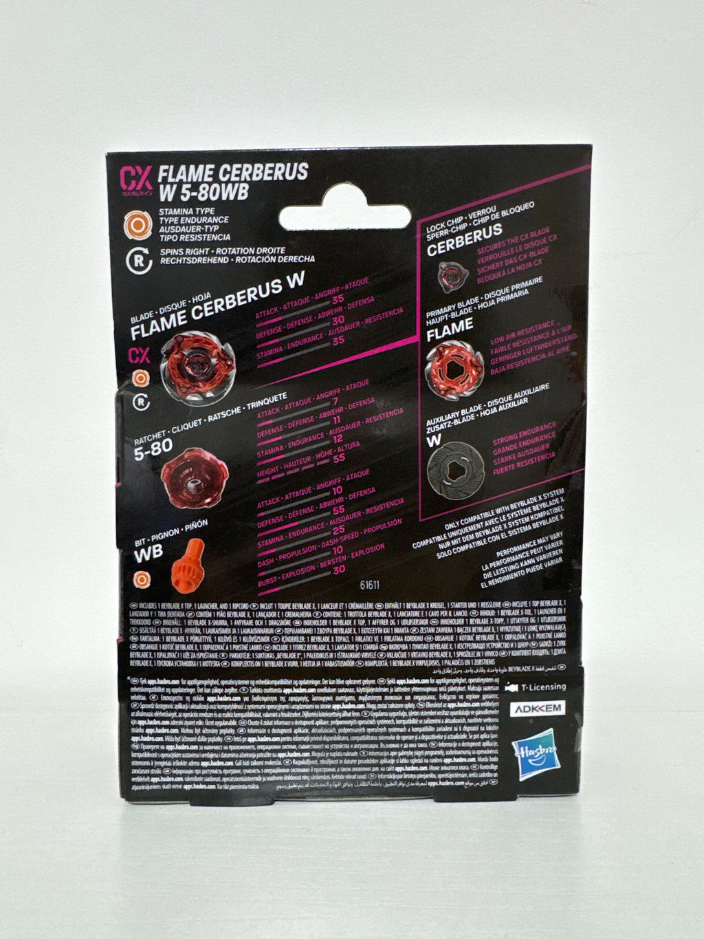 Retro della confezione Beyblade X Flame Cerberus W 5-80WB Hasbro con componenti e caratteristiche