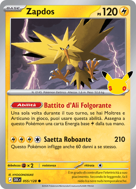 055-128 Zapdos Holo 30C 30º Anniversario ITA NM