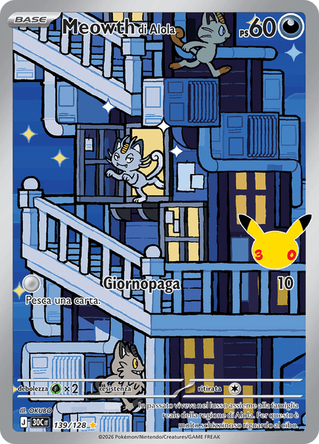 139-128 Meowth di Alola Illustrazione Rara 30C 30º Anniversario ITA NM