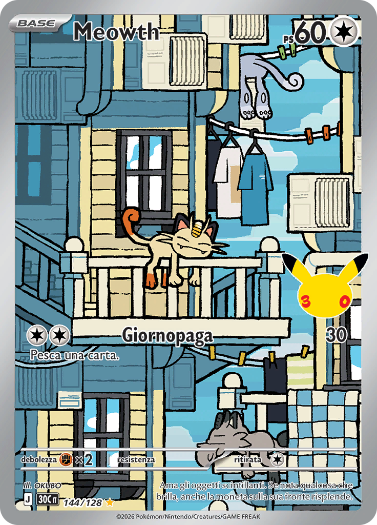 Carta Meowth Illustrazione Rara, 30º Anniversario, in italiano
