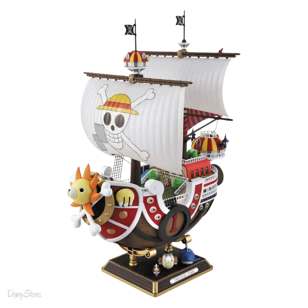 Model kit One Piece Thousand Sunny Land of Wano, vista frontale di tre quarti con base espositiva