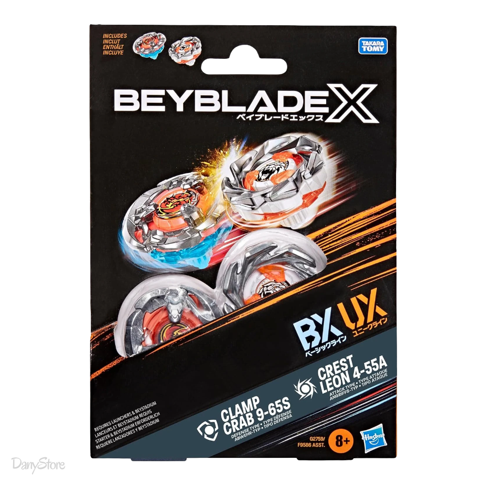 Confezione Dual Pack Hasbro Beyblade X Crest Leon 4-55A e Clamp Crab 9-65S