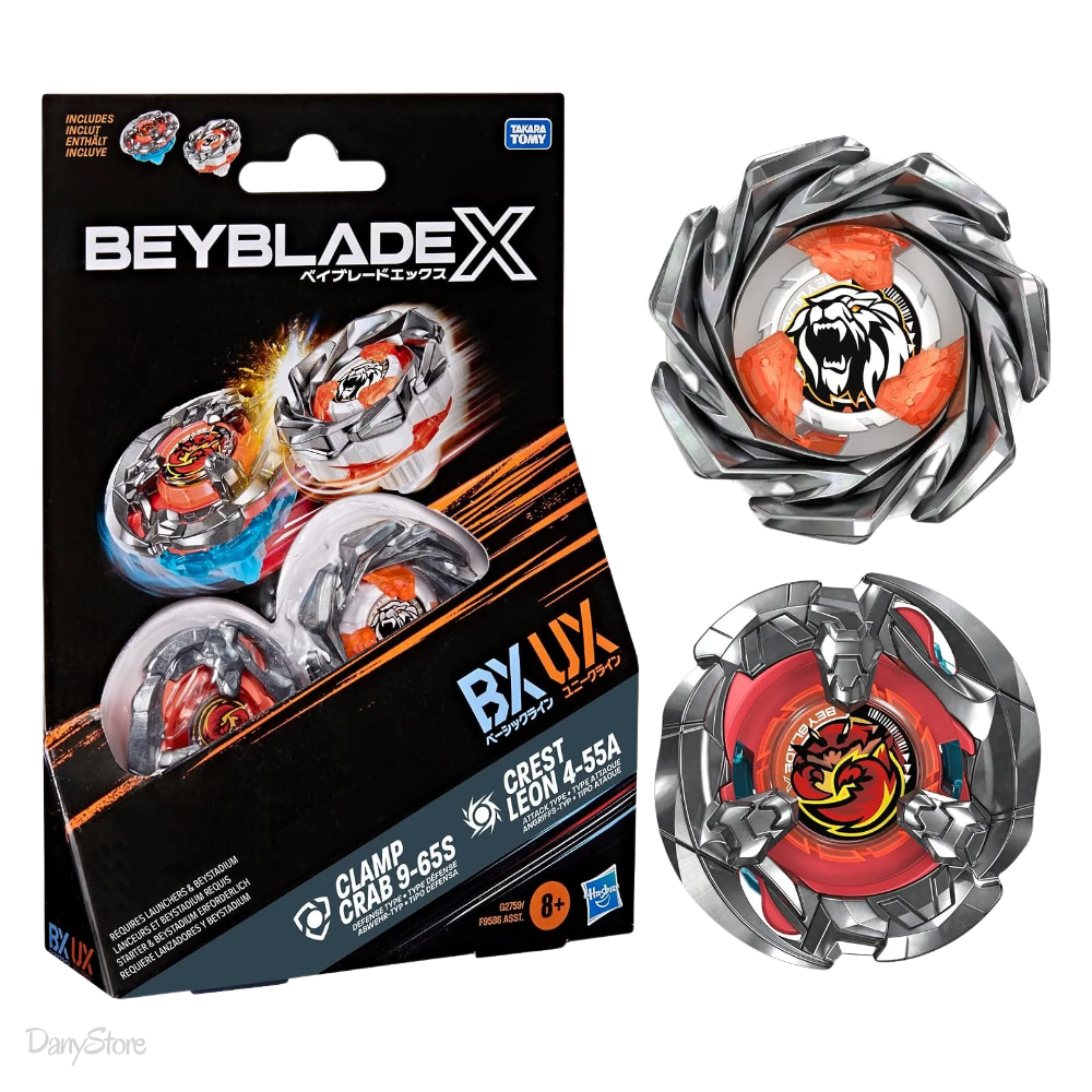 Confezione Dual Pack Hasbro Beyblade X Crest Leon 4-55A e Clamp Crab 9-65S