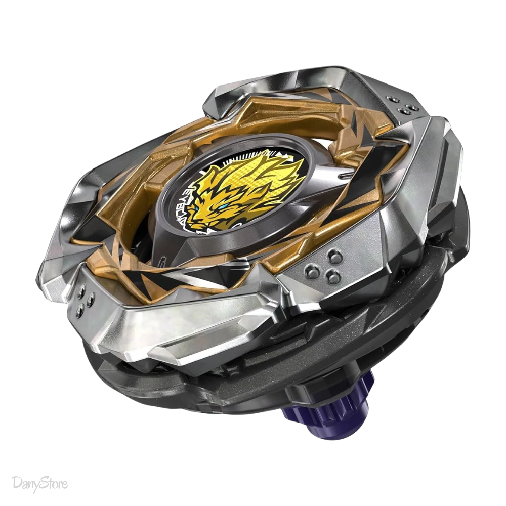 Dettaglio della trottola Beyblade X Fang Leon T 4-60U Hasbro, dorata e argentata con emblema del leone