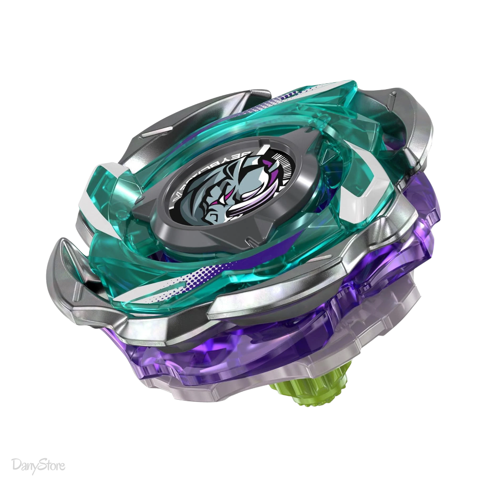 Dettaglio della trottola Beyblade X Reaper Rhino C 4-55D Hasbro, verde e argentata con dettagli viola