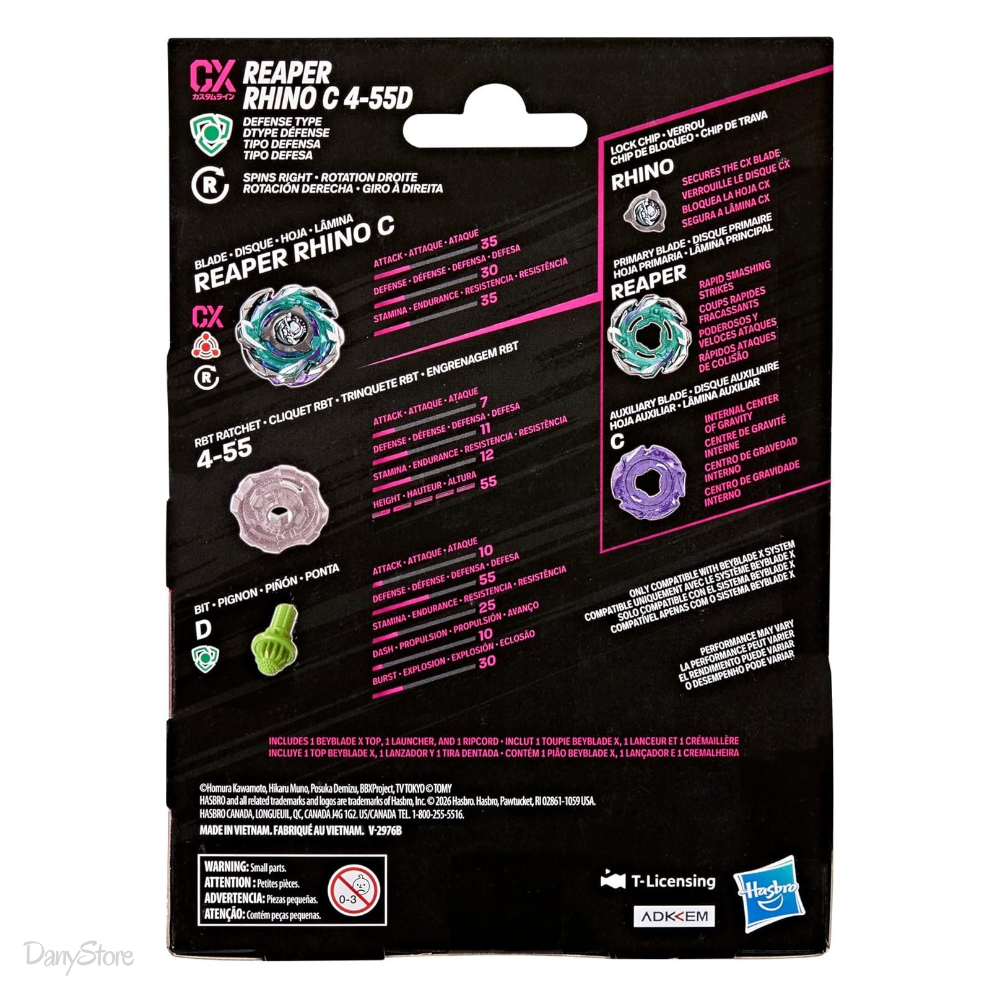 Retro della confezione Beyblade X Reaper Rhino C 4-55D Hasbro con componenti e caratteristiche tecniche
