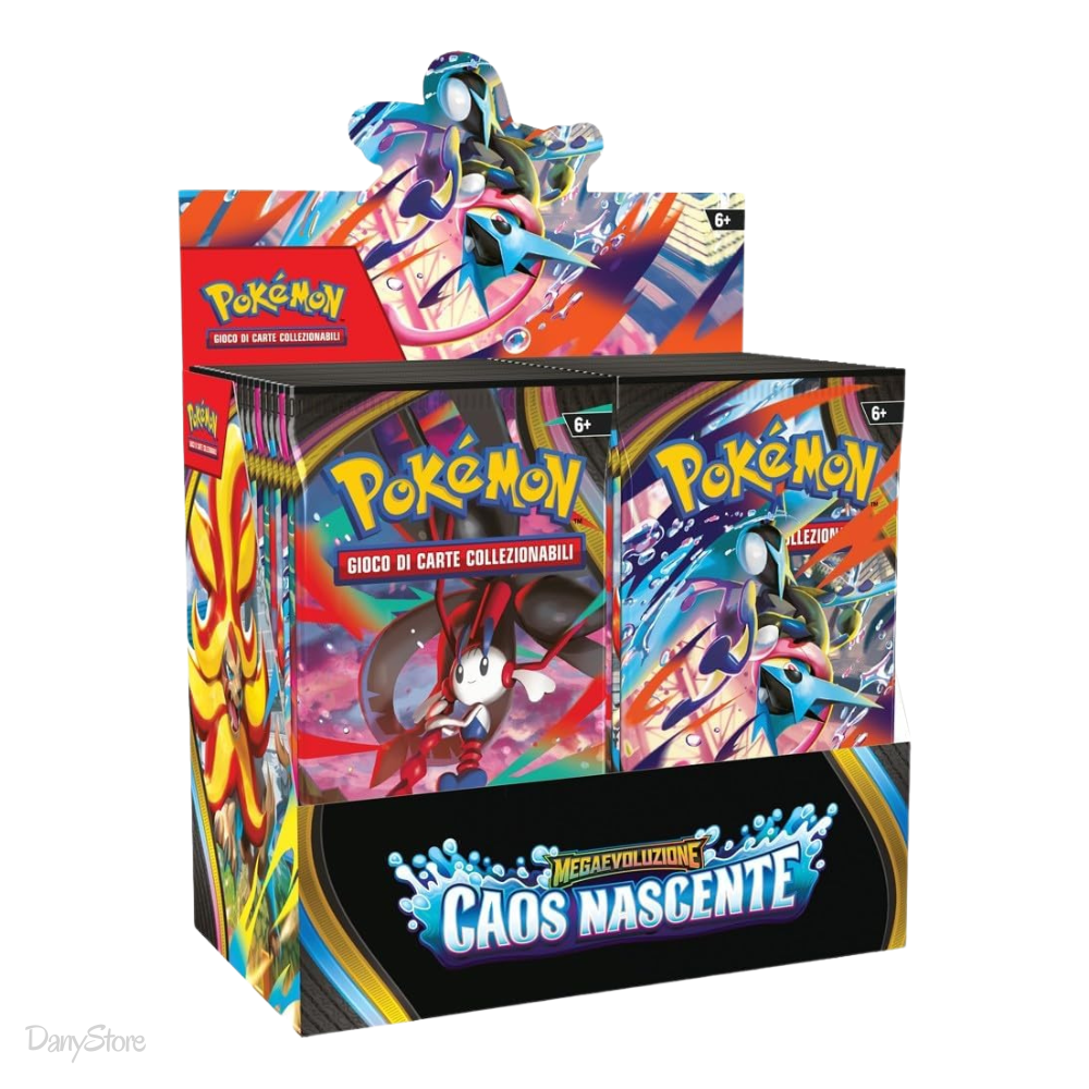 Box display sigillato da 36 buste dell'espansione Pokémon Caos Nascente in lingua italiana.