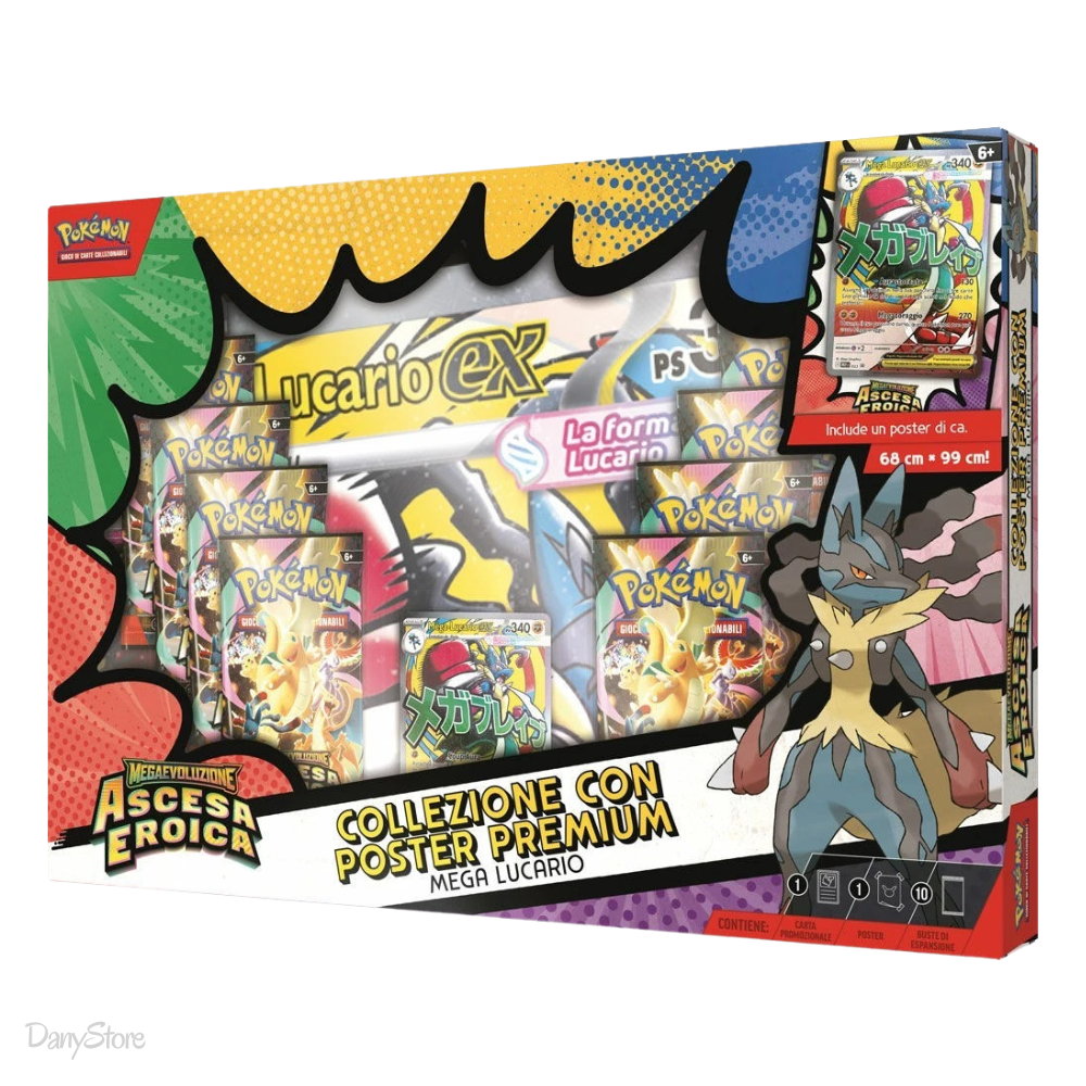Box Collezione con Poster Premium Mega Lucario ex con carta promozionale e poster illustrato