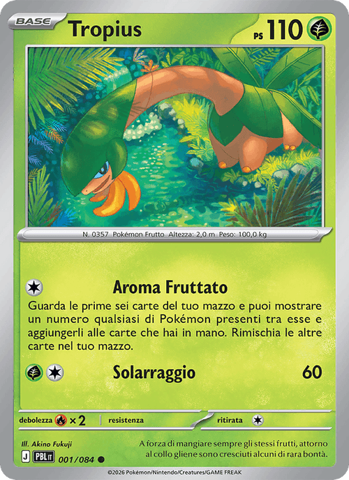 Tropius 001/084 Buio Pesto, carta Pokémon italiana. Scansione di riferimento per la Reverse.