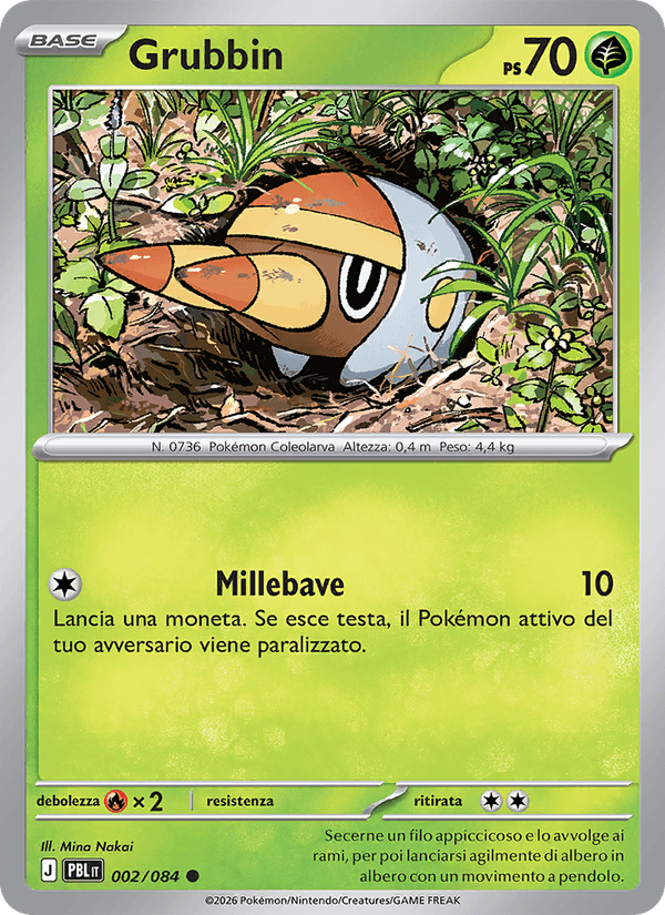 Grubbin 002/084 Comune di Buio Pesto, carta Pokémon italiana illustrata da Mina Nakai.