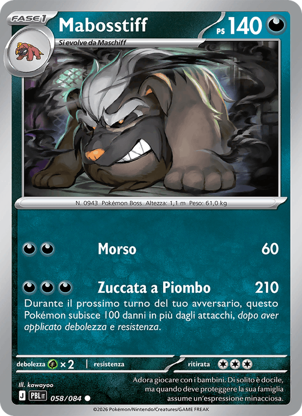Mabosstiff 058/084 Buio Pesto, carta Pokémon italiana. Scansione di riferimento per la Reverse.