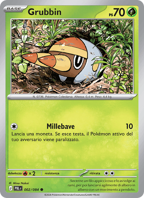 Grubbin 002/084 Buio Pesto, carta Pokémon italiana di Mina Nakai. Scansione di riferimento per la versione Reverse.