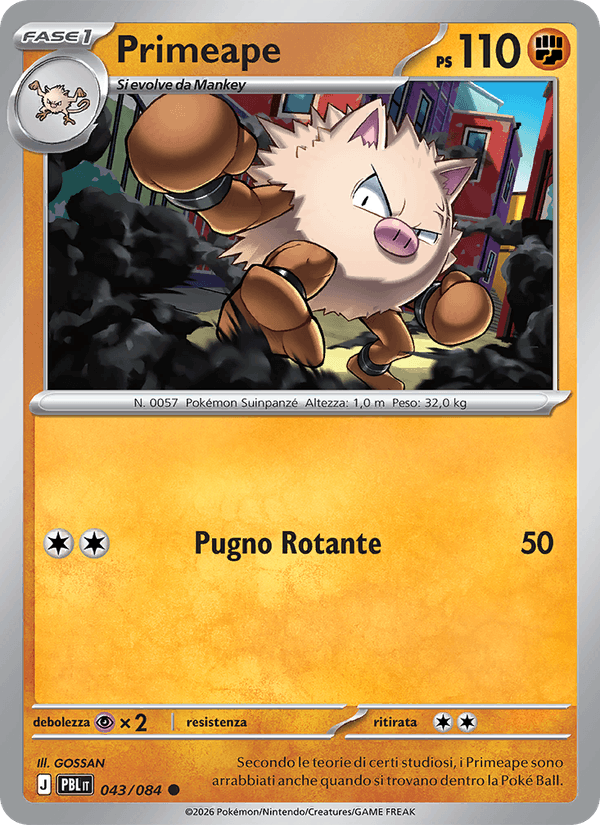 Primeape 043/084 Buio Pesto, carta Pokémon italiana. Scansione di riferimento per la Reverse.