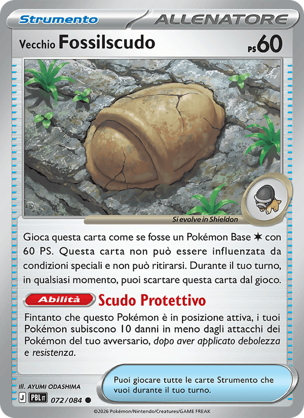 Vecchio Fossilscudo 072/084 Buio Pesto, carta Pokémon italiana. Scansione di riferimento per la Reverse.