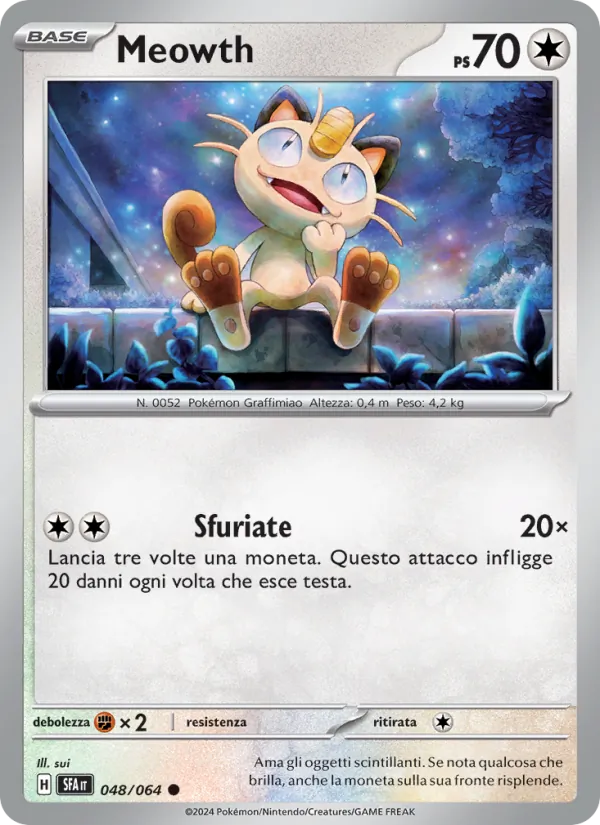 Scansione di riferimento di Meowth 048/064, Segreto Fiabesco in italiano; finitura Reverse non rappresentata