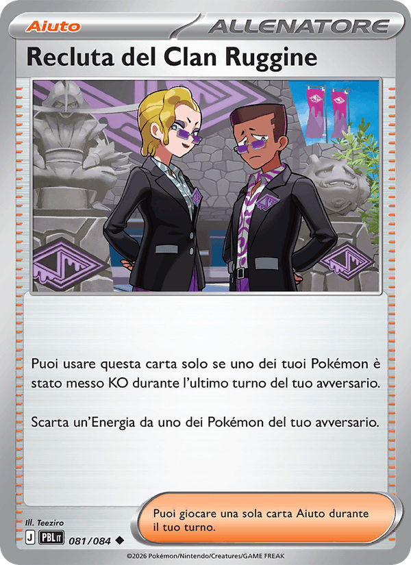 Recluta del Clan Ruggine 081/084 Buio Pesto, carta Pokémon italiana. Scansione di riferimento per la Reverse.