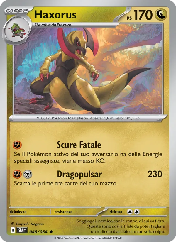 Scansione di riferimento di Haxorus 046/064, Segreto Fiabesco in italiano; finitura Reverse non rappresentata
