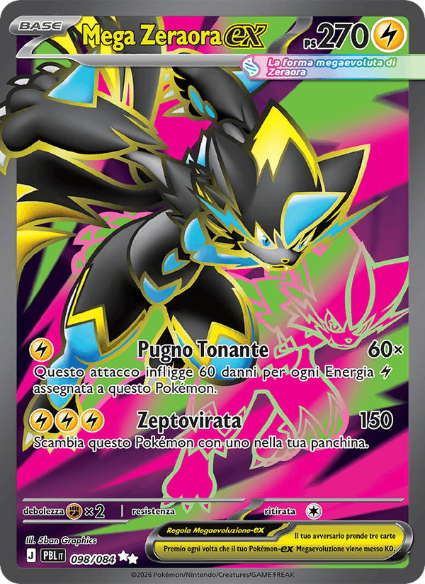 Mega Zeraora ex 098/084 Buio Pesto, carta Pokémon italiana.