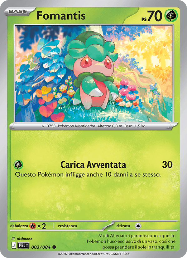 Fomantis 003/084 Buio Pesto, carta Pokémon italiana. Scansione di riferimento per la Reverse.