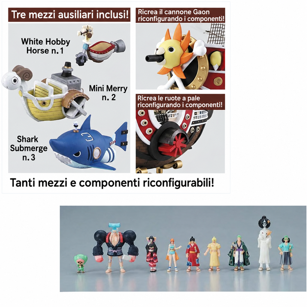 Mezzi ausiliari, personaggi e dettagli del model kit Bandai One Piece Thousand Sunny Land of Wano