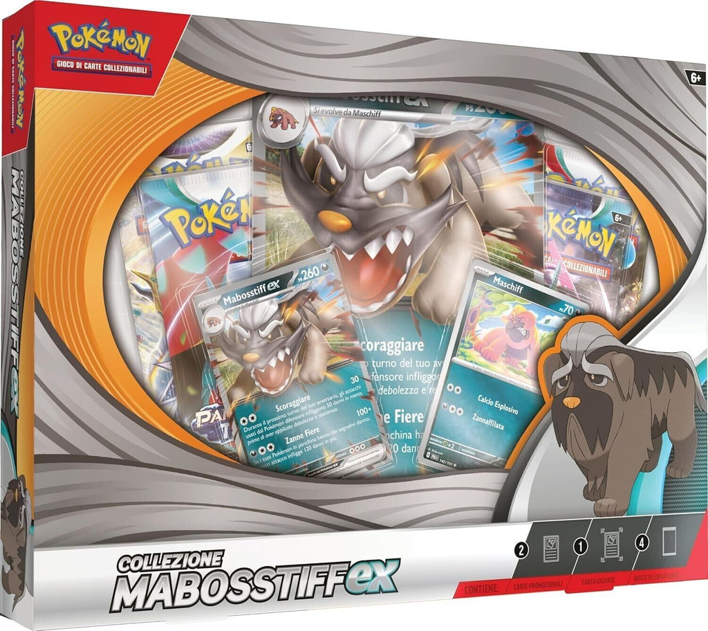 Box Collezione Pokémon Mabostiff-ex con carta promozionale olografica, carta Maschiff e 4 bustine d'espansione fronte