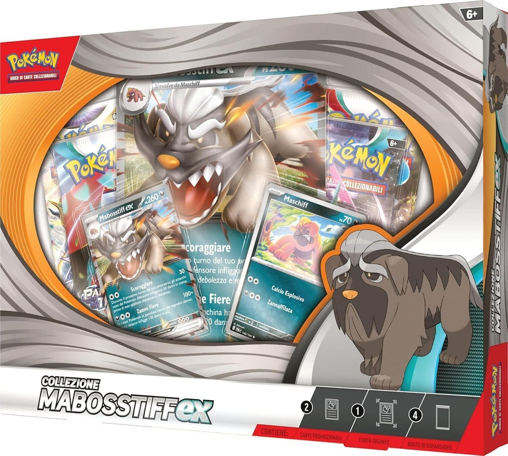 Box Collezione Pokémon Mabostiff-ex con carta promozionale olografica, carta Maschiff e 4 bustine d'espansione