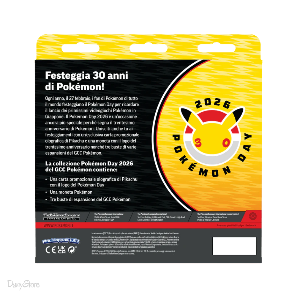 Confezione Collezione Pokémon Day 2026 con carta promo di Pikachu e moneta celebrativa 30 anni retro