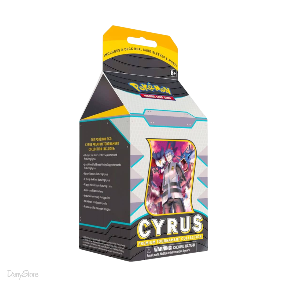 Box Collezione Premium Torneo Pokémon di Cyrus con carta promozionale full-art, porta mazzo e bustine d'espansione