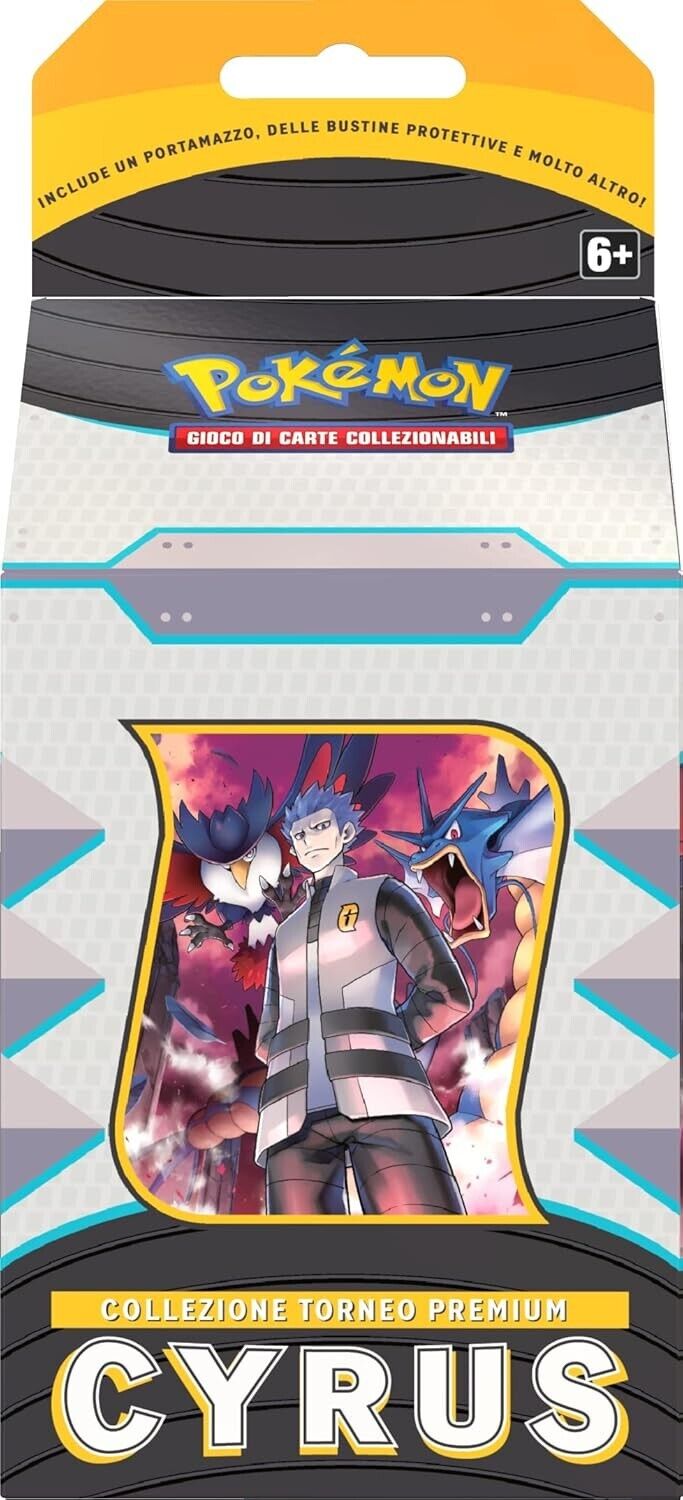 Box Collezione Premium Torneo Pokémon di Cyrus con carta promozionale full-art, porta mazzo e bustine d'espansione