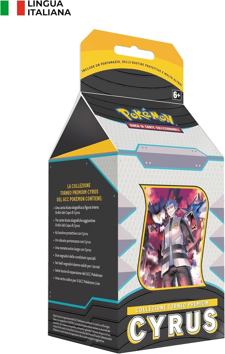 Box Collezione Premium Torneo Pokémon di Cyrus con carta promozionale full-art, porta mazzo e bustine d'espansione