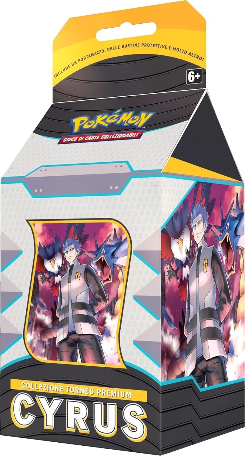 Box Collezione Premium Torneo Pokémon di Cyrus con carta promozionale full-art, porta mazzo e bustine d'espansione
