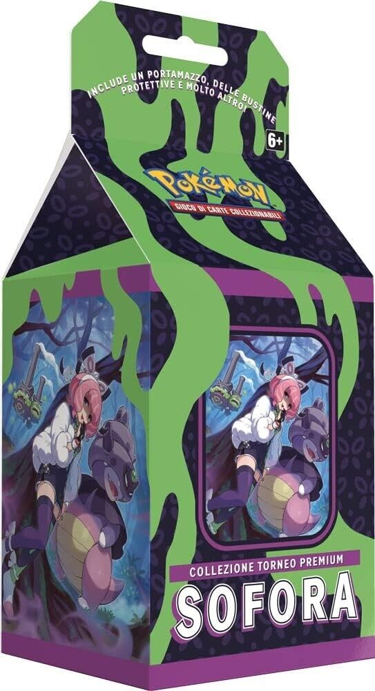 Box Collezione Premium Torneo Pokémon di Sofora con carta promozionale full-art, porta mazzo, bustine d'espansione e accessori