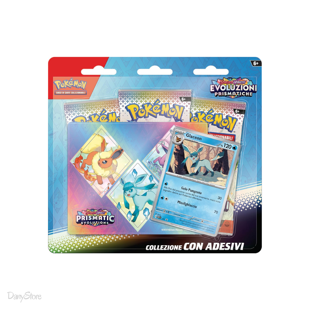 Confezione Pokémon Evoluzioni Prismatiche con adesivo di Glaceon e bustine d'espansione