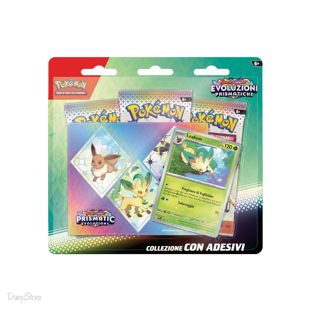 Confezione Pokémon Evoluzioni Prismatiche con adesivo di Leafeon e bustine d'espansione