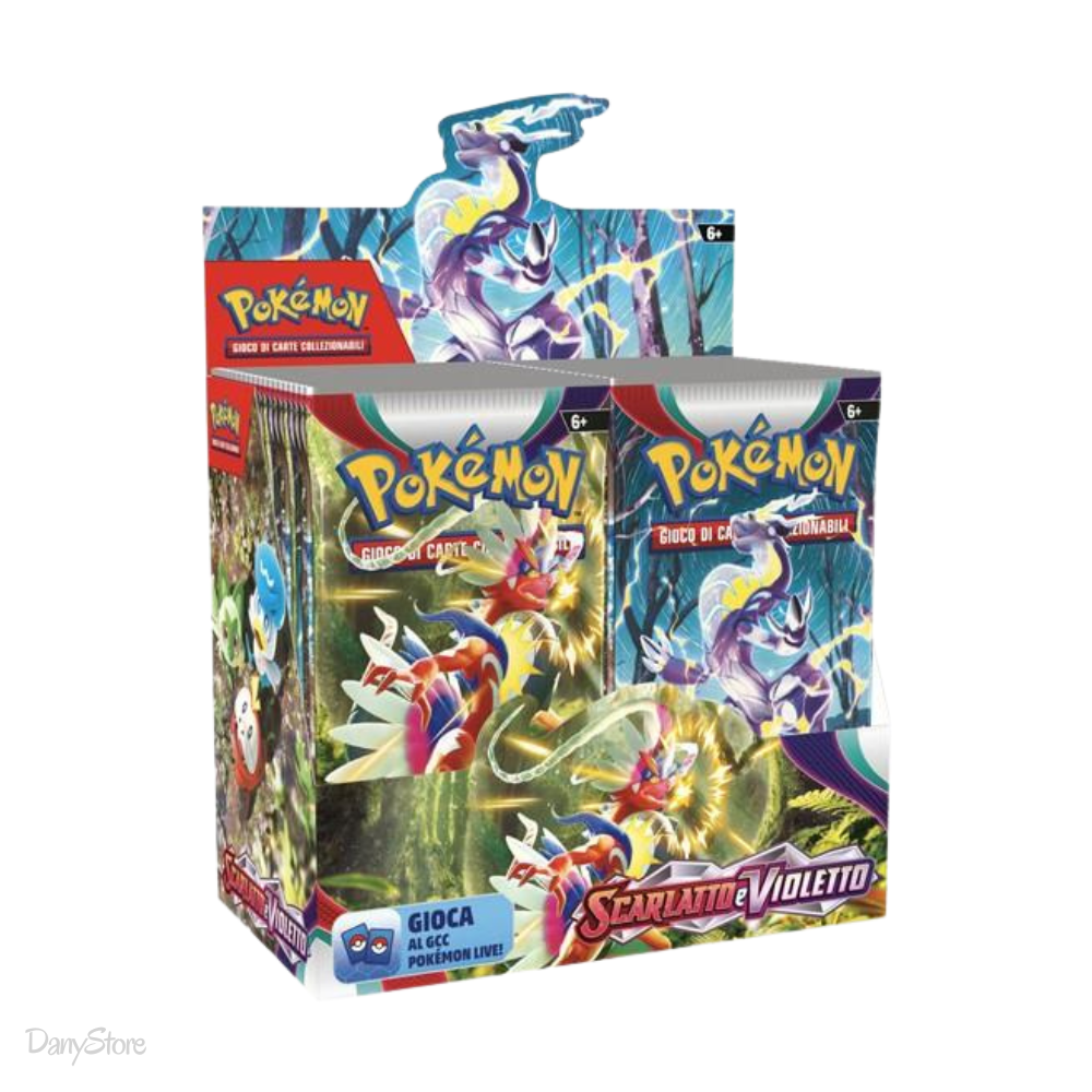 Display Box sigillato Pokémon Scarlatto e Violetto serie base con 36 bustine d'espansione e illustrazioni di Koraidon e Miraidon