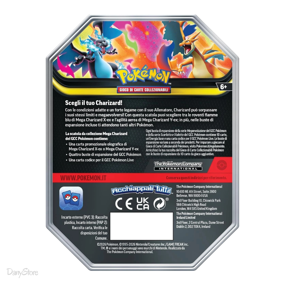 Tin in metallo Pokémon Mega Charizard X con carta olografica e bustine espansione