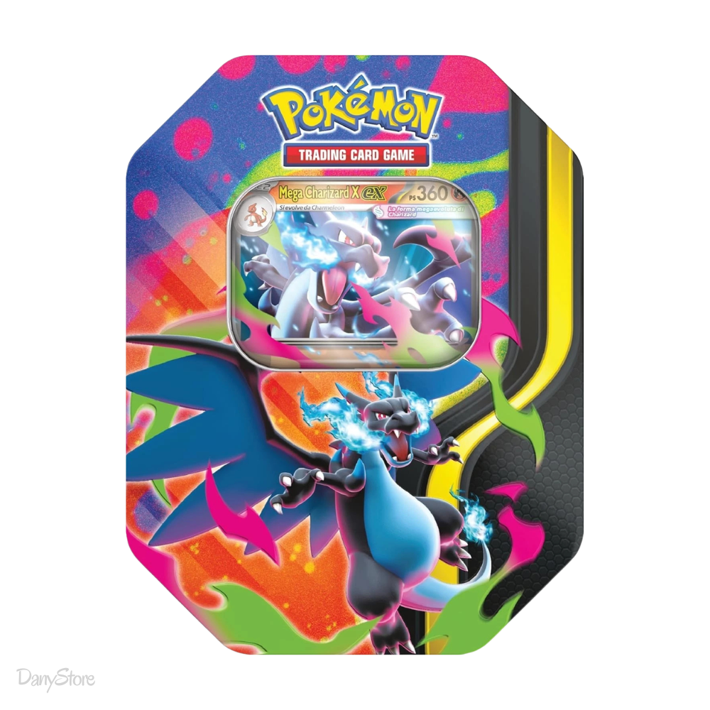Tin in metallo Pokémon Mega Charizard X con carta olografica e bustine espansione