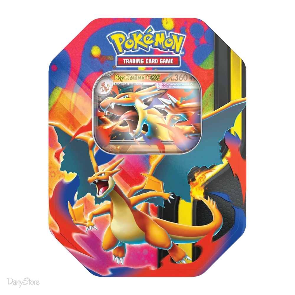 Tin in metallo Pokémon Mega Charizard Y con carta olografica e bustine espansione