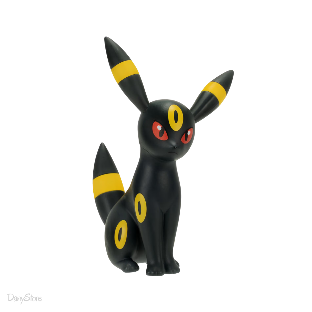 Figure Pokémon Umbreon in vinile da 12 cm, vista a tre quarti con anelli gialli e occhi rossi
